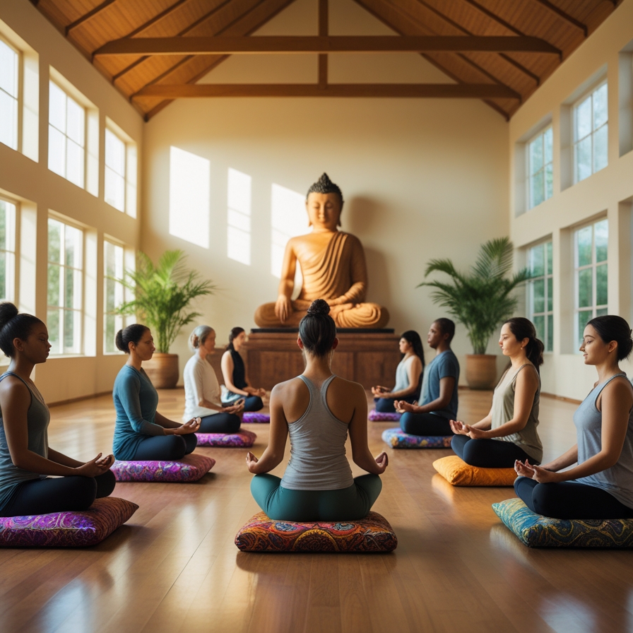 Group meditation session in a bright space